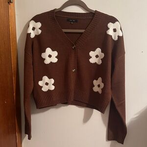 Love Tree Brown Cardigan with White Floral Accents